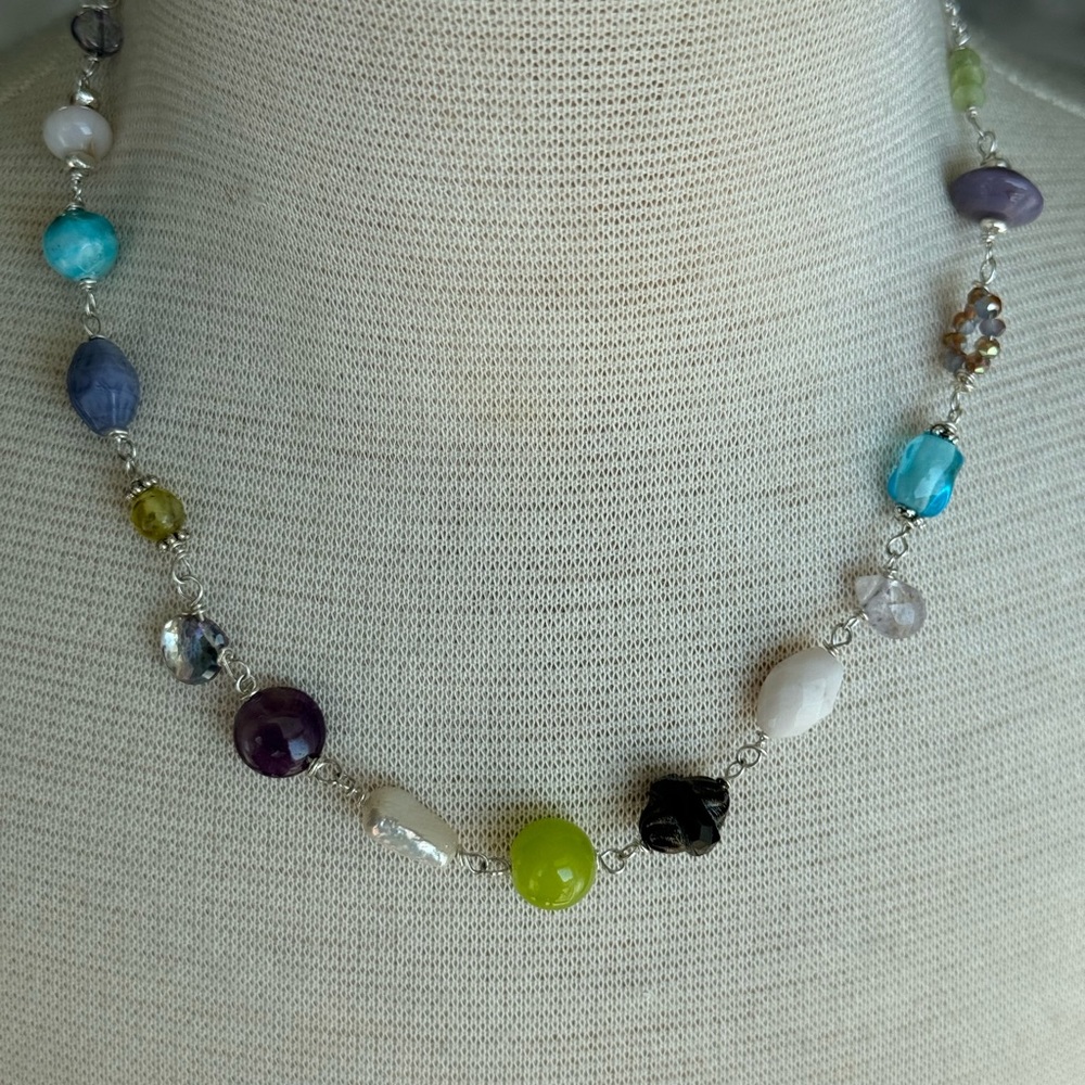 Multi Color And Shape Gemstone And Silver Necklace - image 8